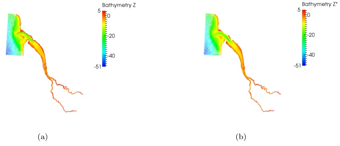 Figure 3: 3(a) Original bathymetry of the Gironde estuary. 3(b) Random ﬁeld Z∗(x) of thebathymetry generated from our method.