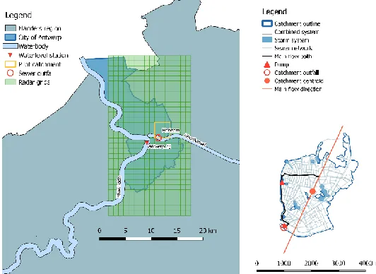 Figure 1  Geographical settings and sewer system layout  of Merksem Catchment 
