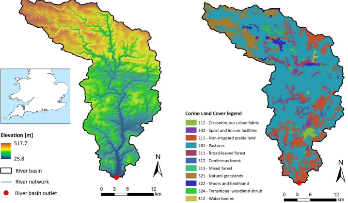 Figure 1: Digital elevation model of the river basin and land cover map (Corine Land Cover 2012)  