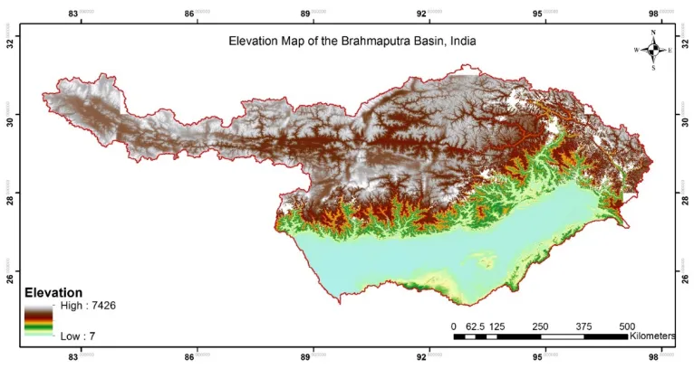 Figure 1 Digital Elevation model of the Brahmaputra basin. Lower part 