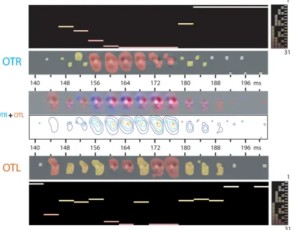 Figure 5. Analysis of the EEG Data: Time Course of the Sensitivity to Combinations of Spatial Frequency Bands (Observer LP,‘‘fear’’).left and right hemispheres to the encoding of expression features (in the illustration, the left and right eyes), at each t
