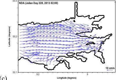 Figure 3 Forecasting of surface flow fields at 02:00 Julian Day 228 ((a) model FR; (b) radar data; (c) model NDA) 