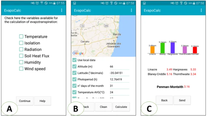 Figure 2:  application screens: home screen(A); screen to enter data(B); screen with results(C)  