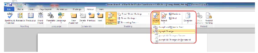 Figure 9. Word “Accept” ribbon menu option list. 