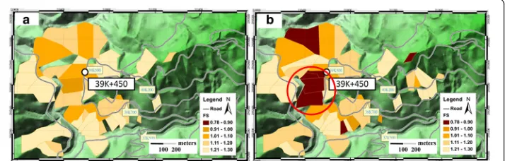 Fig. 4 Landslide potential maps for the slopes in the vicinity of T-18 Highway under design rainfall amountof (a) 200-mm, (b) 600-mm rainfall scenarios