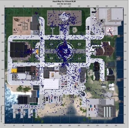Figure 5. Maya Realities’ Virtual NLM heatmap during week of Infothon: Every blue point represents an avatar position every minute; red dots represent avatars staying inactive in the same location for more than 10 minutes