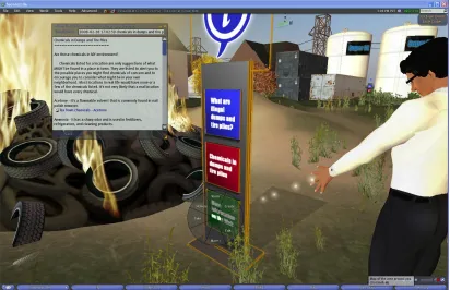 Figure 2. An avatar in Tox Town in Second Life clicks on an ―information kiosk‖ to obtain information about chemical hazards in the simulated environment