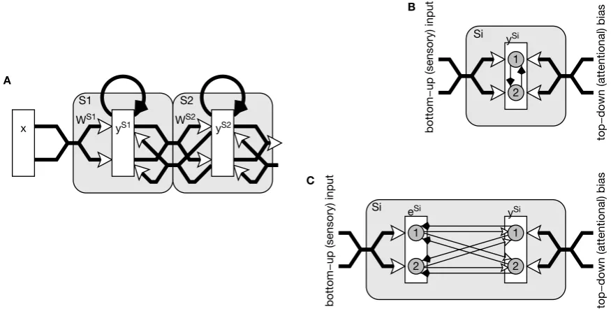 Figure 1 | nections, ﬁ lled arrows indicate inhibitory connections, and large shaded boxes, with rounded corners, indicate different cortical areas or processing stages