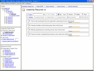 Figure 6: DCART view for merging and grouping usability problem instances 