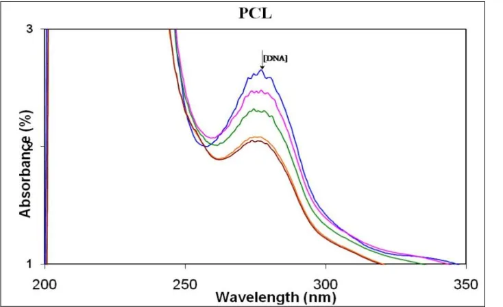 FIG.1: ELECTRONIC ABSORPTION SPECTRA OF PCL IN THE ABSENCE (DASH LINE) AND PRESENCE (DARK LINE) OF  INCREASING AMOUNTS OF DNA 