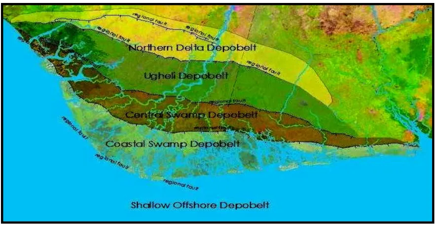 Figure 2. Schematic diagram of the Niger Delta showing the Depobelts and the regional faults  (Modified from Doust and Omotsola, (1990) and  Stacher (1995)