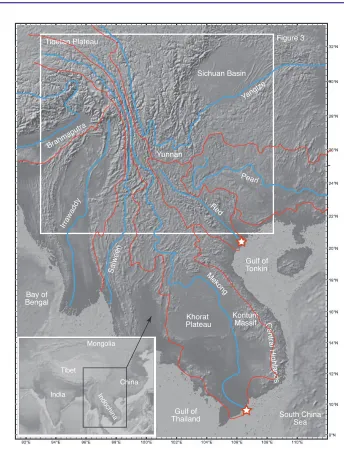 Figure 1.Shaded topographic relief map showing the study area, the major topographic features, the courses of themain rivers (blue lines), and the extent of the drainage basins (red lines) that form the focus of this study and theirneighbors from whom drai