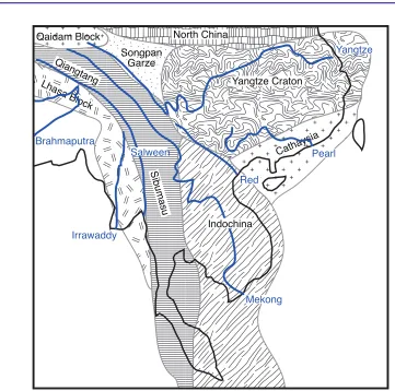 Figure 2.Simplified tectonic terrane map of East and Southeast Asia showing the major blocks discussed in thispaper [after Metcalfe, 1996] and the courses of the rivers colored in blue.