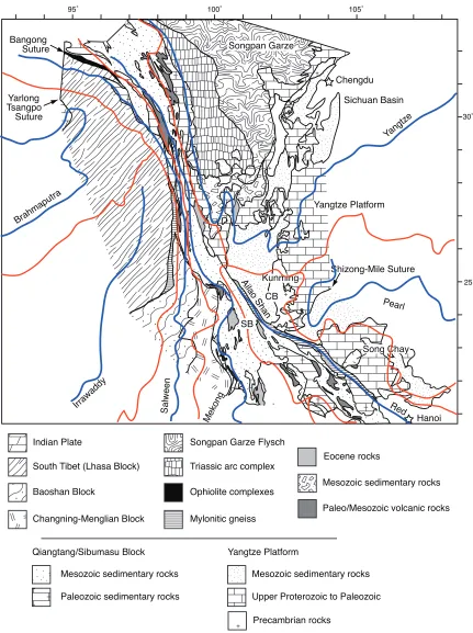 Figure 3.Regional geological map of the eastern Tibetan Plateau, SW China, and northern Indochina showing theriver courses overlain in blue and the extent of the drainage basins in red