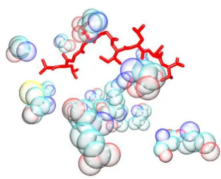 Figure 4G/PLS Electrostatic + VDW modelG/PLS Electrostatic + VDW model. The bound peptide (red) is surrounded by the descriptor peptides (bubble opaque)