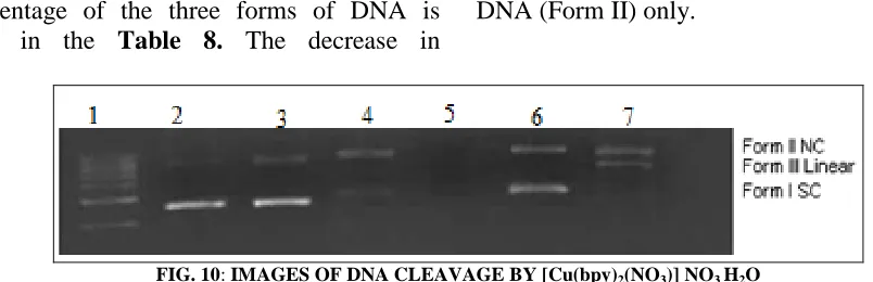 TABLE 8: SELECTED SC PBR322 DNA CLEAVAGE DATA OF [Cu(bpy)2(NO3)] NO3 H2O  Lane No. Reaction Condition Percentage of 