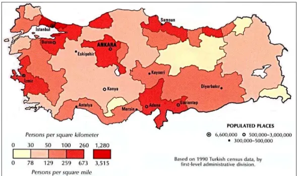 Figure 9:  Population-Density of Turkey, modified from “atlas of the middle east (www.lib.utexas.edu)