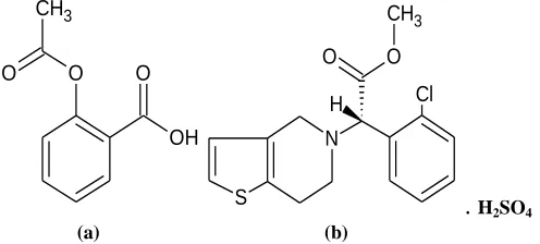 FIG 1: CHEMICAL STRUCTURES OF (a) ASPIRINE   (b) CLOPIDOGREL BISULPHATE   