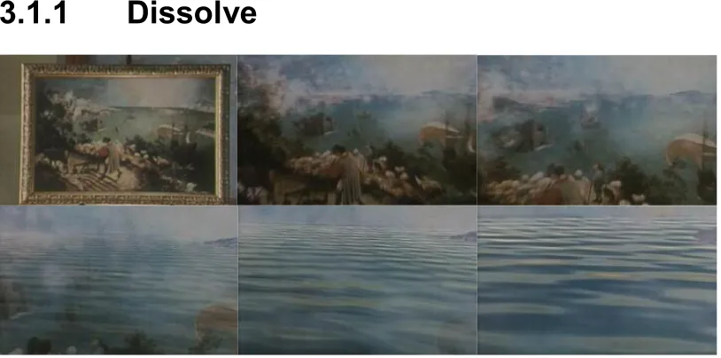 Figure 3-1: A dissolve from a shot of a painting to a shot of the sea. Camera moves towards the picture (top left) then a dissolve begins (top centre and right) to a shot of the sea (bottom left, centre) until the shot of the sea completely replaces the original shot (La Sindrome di Stendhal, Dario Argento, 1996)17.