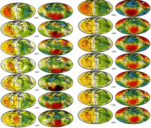 Fig. 2. Poloidal (left) and toroidal (right) scalars, S(t) and T (t), every 50years. Contour interval: 4 · 10−4rad yr−1.Fig