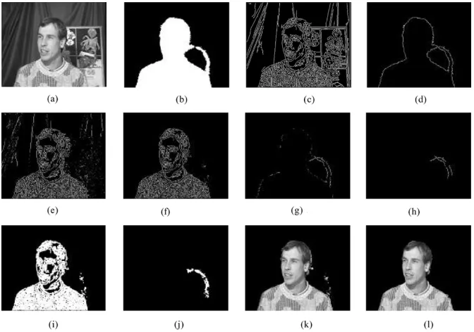 Fig. 3.Main results for the frame 53 of the video sequence Hall. (a) fof Hall. (b) CMD
