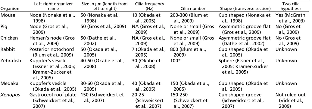 Table 1. Comparison of left-organizer features in some vertebrates
