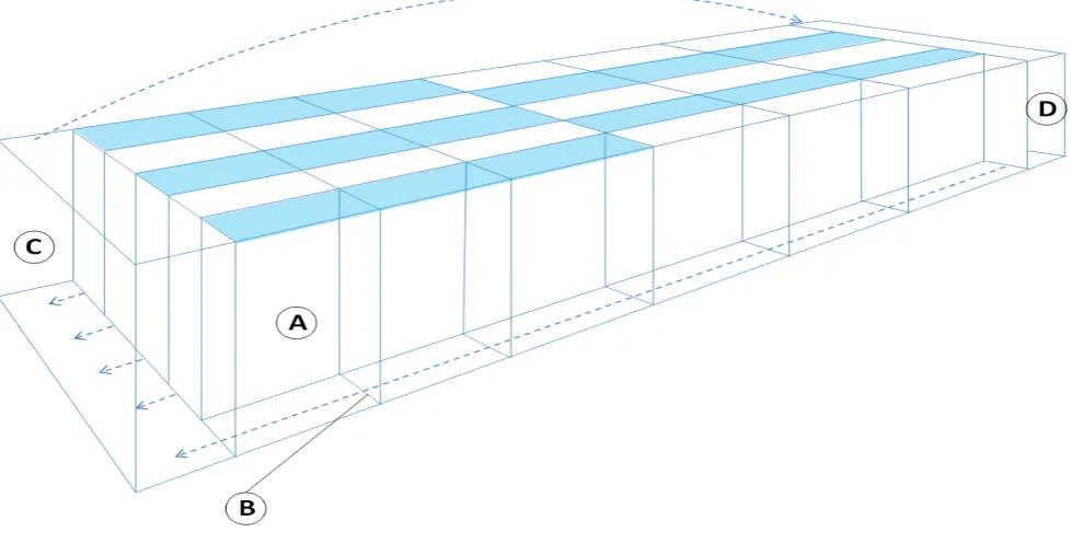Figure 1. Experimental array: constituting a glass tank (measuring 118 cm x 40 cm x 20 cm) divided into thirty compartments (5 rows and 6 columns each measuring 7.5cm x 17cm x 20cm and filled to a water depth of 17 cm) (A), each housing one tadpole complet