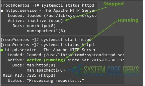 Figure 1.2: Using systemctl to check Apache’s status in CentOS