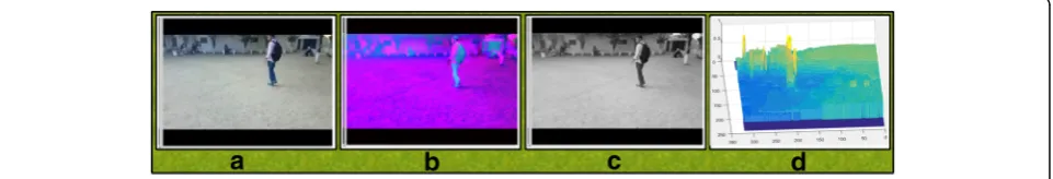 Fig. 3 Preprocessing results. a Original frame. b Contrast stretching. c Hue channel. d Mesh plot