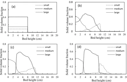 Figure 3. Segregation patterns of particle mixture at U0=0.0864 m/s; (a: t= 0, b: t=10, c: t=20, and d: t= 30 sec)