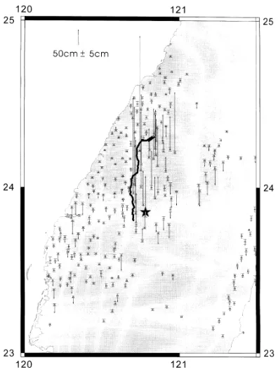 Fig. 6. Measured vertical displacements associated with the Chi-Chi earthquake, where the main shock is shown as a star and station locations are indicatedby triangles