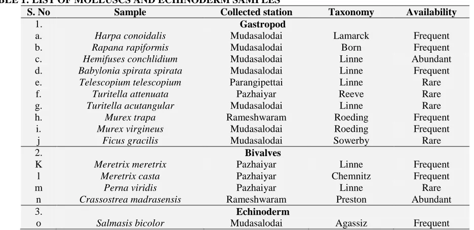 TABLE 1: LIST OF MOLLUSCS AND ECHINODERM SAMPLES S. No Sample Collected station 