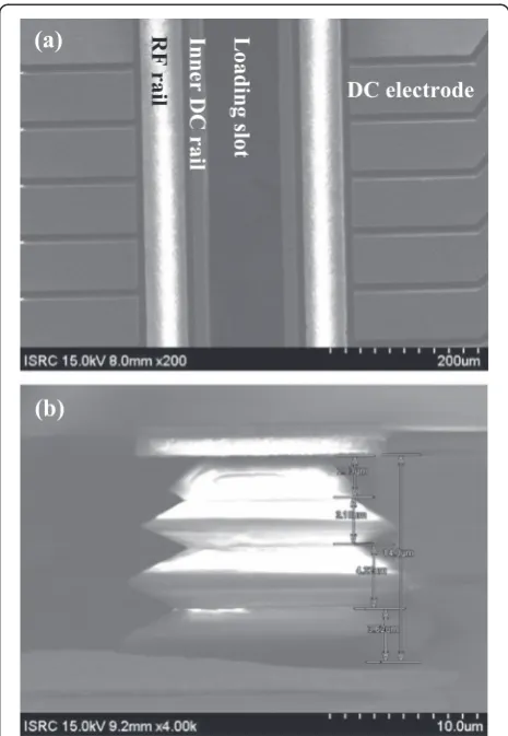 Figure 7 Micrographs of ion trap fabricated by oxide timedetch method. (a) Scanning electron micrograph which showsthe top structure of the ion trap