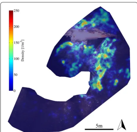 Fig. 12 Top view of the 3D reconstruction of the area around the NBC natural hydrothermal chimney with the density map of S