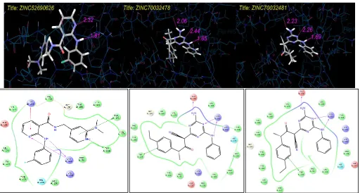 FIG. 2: 4KFB (RT) WITH DOCKED LIGAND ZINC52690626, 70032478 & 70032481 AND CORRESPONDING INTERACTION DIAGRAMS (BELOW)  