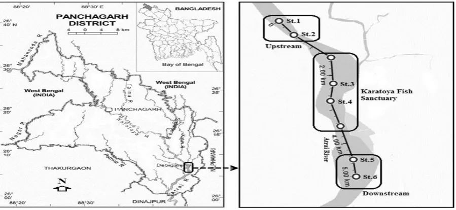 Figure 1: Sampling stations (St.1, 26.1399º N 88.7373º E; St.2, 26.1364º N 88.7403º E; St.3, 26.1237º N 88.7485º E; St.4, 26.1191º N 88.7480º E; St.5, 26.1041º N 88.7523º E; St.6, 26.0994º N 88.7531º E) at Karatoya Fish Sanctuary of the Atrai River in Bang