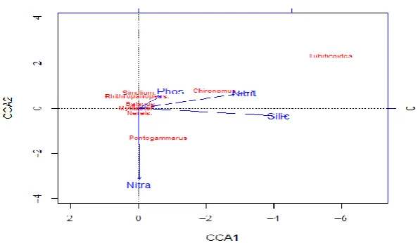Figure 2: Two dimensional CCA plot for benthic macrofaunal and nutrients variables (Phos=Phosphate, Nitrit=Nitrite, Nitra=Nitrate and Silic=Silicate)