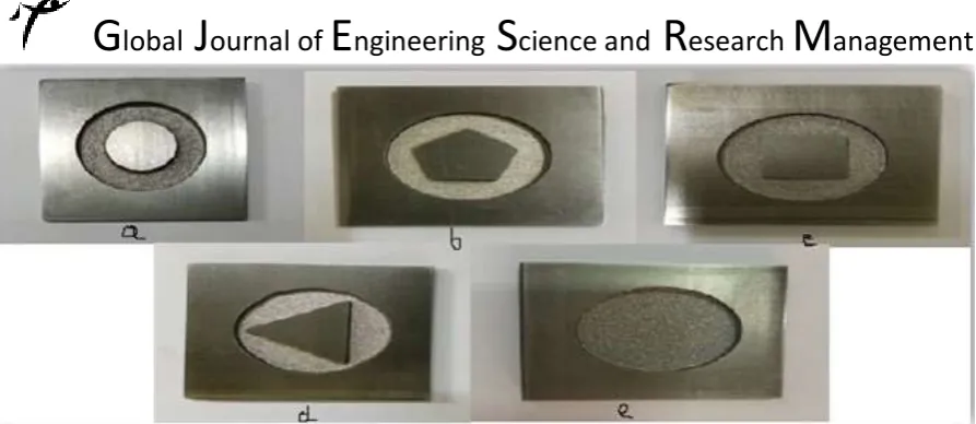 Fig. (6): five hollow shape of HSS workpiece: a- circular shape produced by hollow electrode, b- polygon shape produced by hollow electrode, c- Square shape produced by hollow electrode, d- triangle shape produced by hollow electrode and e- circular shape 