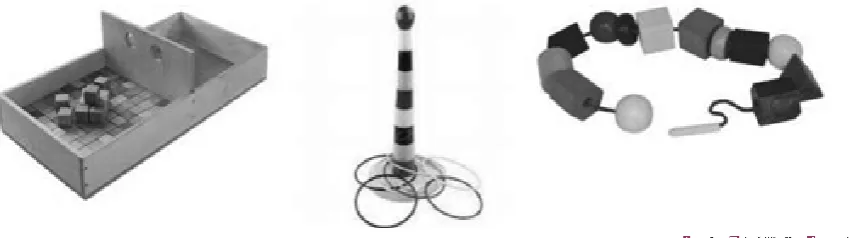 Figure 1 Assessment tools including the box and block test, stacking rings, and threading beads (left to right)