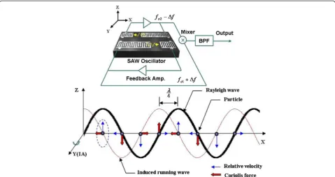 Figure 7 SAW MRG schematics and gyroscopic effects on the Rayleigh wave, from Lee et al