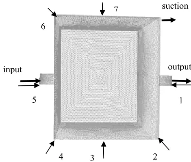 Figure 1. A scheme view of the experimental tank with the nozzle and suction positions 