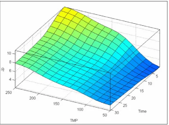 Figure 11. Permeate flux as a function of TMP and time. Jp (10e-6) is in m3/m2.s 
