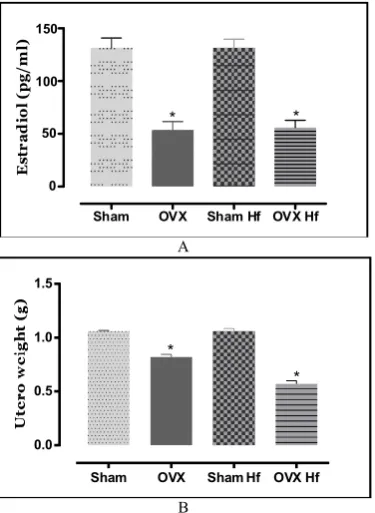 Fig. 3- A. Photomicrography of intra-abdominal adipose tissue  staining with HE (original magnification 200x); (B) Size of intra-abdominal adipocytes; (C) Wheight intra-abdominal adipose tissue.Sham (Sham, n= 12), Ovariectomized (Ovx, n=12), Sham fed with 