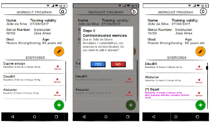 Figure 2. Exercise program prescription screen (a); Contraindication alert (b); Exercise highlighted in the exerciseExercise program prescription screen (a); Contraindication alert (b); Exercise highlighted in the exerciseExercise program prescription scre