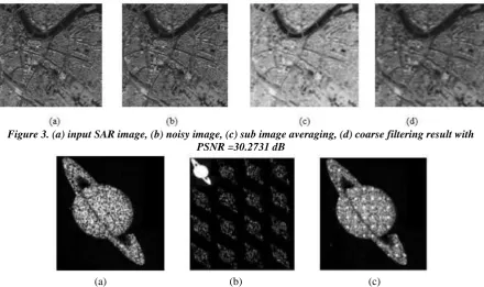 Figure 3. (a) input SAR image, (b) noisy image, (c) sub image averaging, (d) coarse filtering result with PSNR =30.2731 dB 