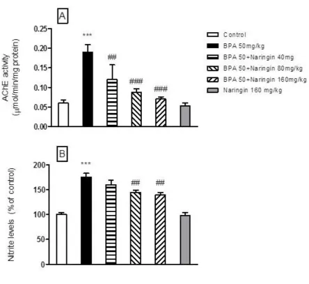 Fig. 3. Effect of bisphenol A (BPA), and Naringin (NG) on nitrite level and AChE activity