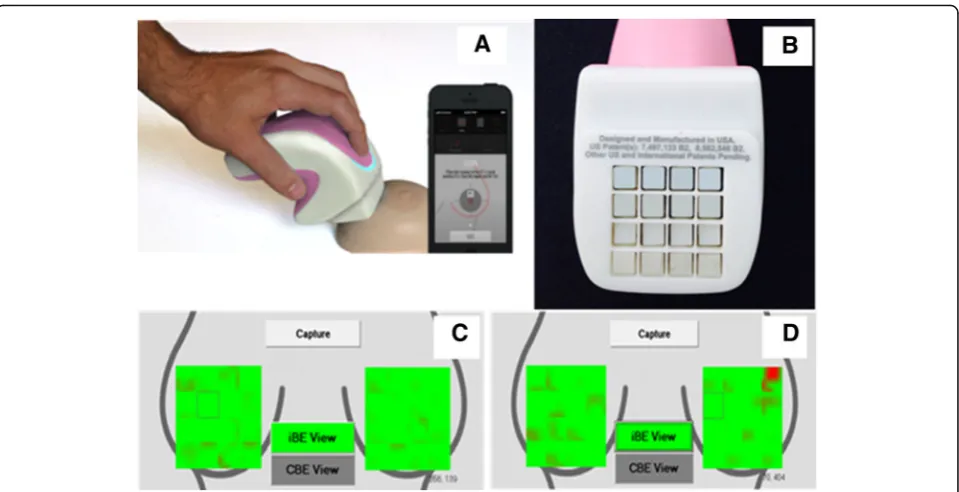 Fig. 1 a iBE device and the device in use. b The 4 × 4 array of PEFS. c Data pressure map illustration of normal or negative results