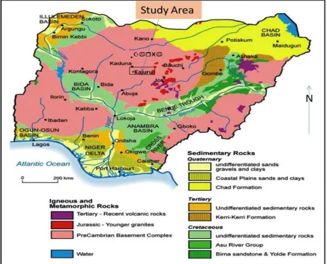 Figure 1: Generalized Geological Map of Nigeria Showing the Study Area (adopted from [21], [22])