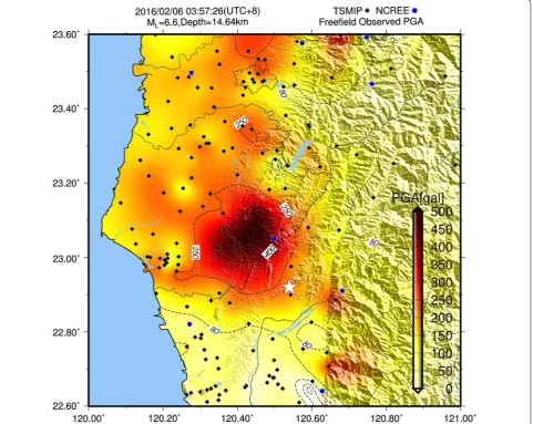 Fig. 1 PGA ShakeMap of the near‑source region. The epicenter relocated by the Central Weather Bureau (CWB) is represented by a white star