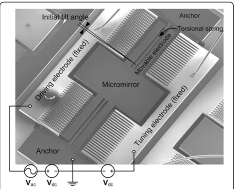 Figure 1 SEM image of the AVC-driven microscanner. Themicroscanner consists of a rotor, two torsional springs, and two fixedelectrodes